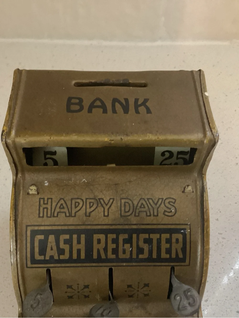 Vtg. “Happy Days” Cash Register Toy Bank manufactured by J. Chain & Co. USA